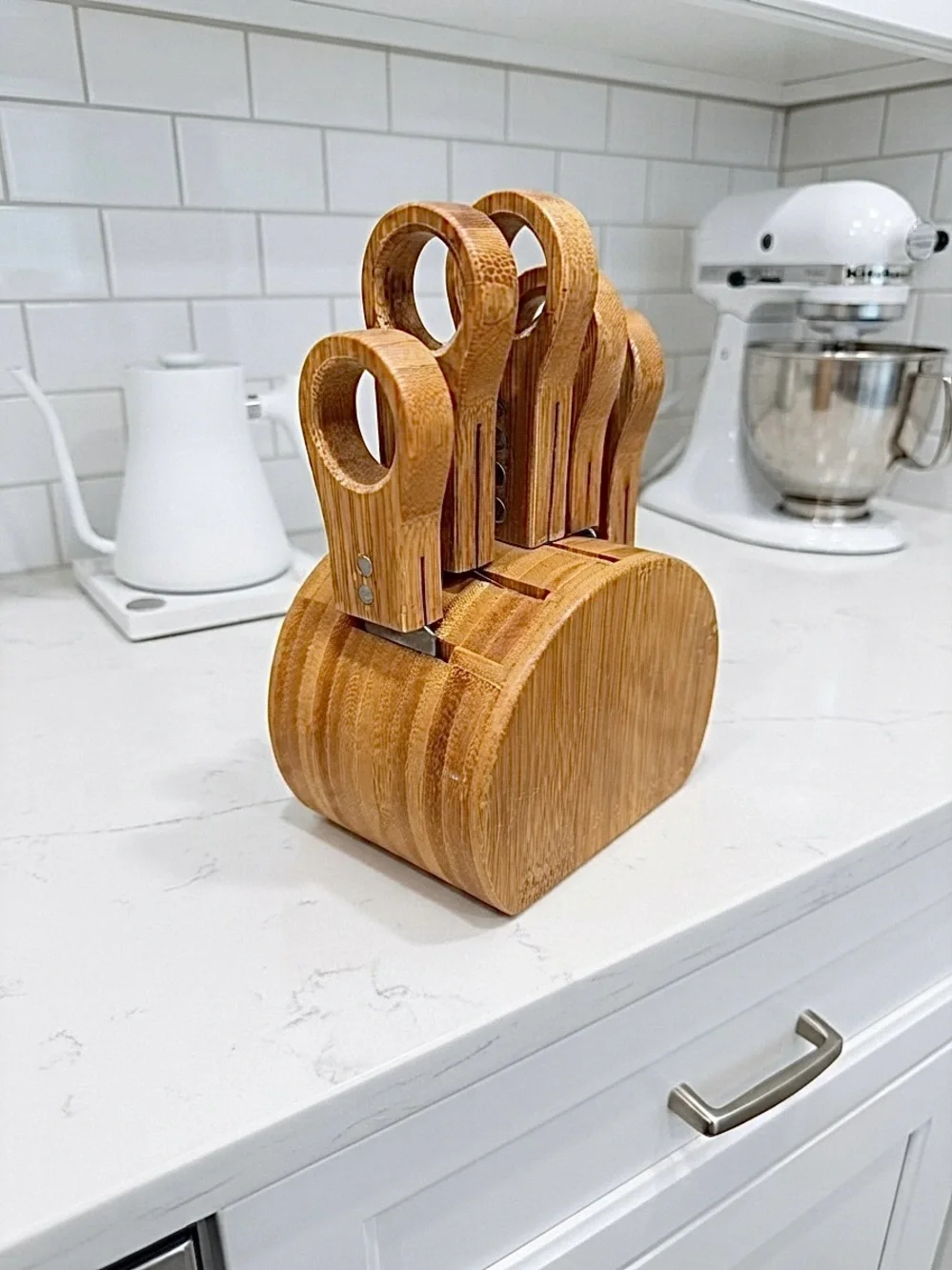 Rare Vintage MCM Bamboo Charcuterie Set - Footed Board, Knife Block & 5 Knives